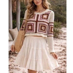 Truth by Republic Granny Square Crochet Sweater Boho Pink Cream Small F3